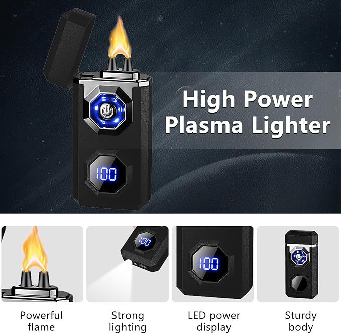 SKRFIRE Plasma Lighter Rechargeable Electric Lighter for Candle Arc Type C Electronic Torch Lighter Windproof Portable Metal Lighter with LED Power Display for Camping, Hiking, BBQ (Matte Black)