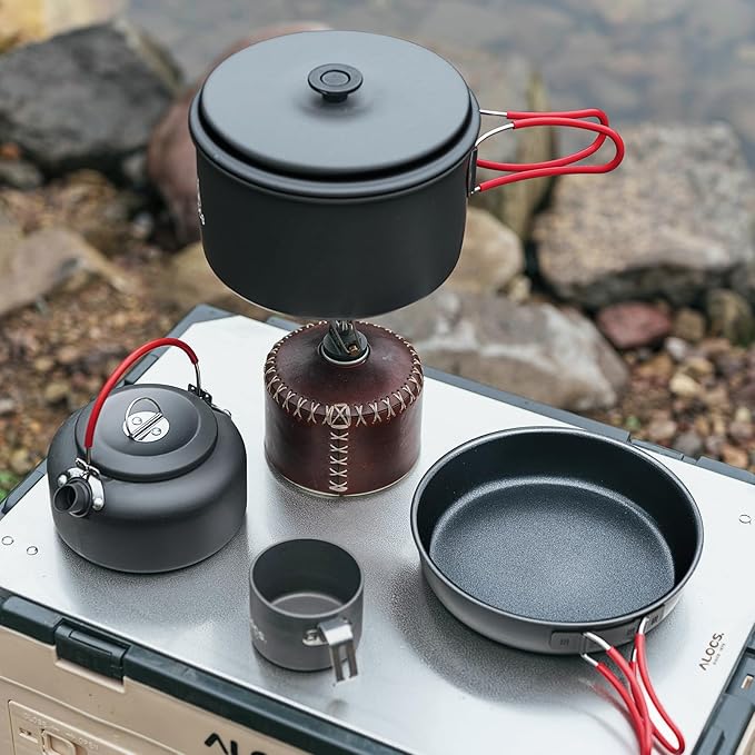 Alocs Camping Cookware Set,Durable Aluminum Camping Cooking Set, Compact Camping Pots and Pans Set with Kettle, Non-Stick Camping Pan Camping Essentials for Outdoor Cooking, Hiking, and Picnics.