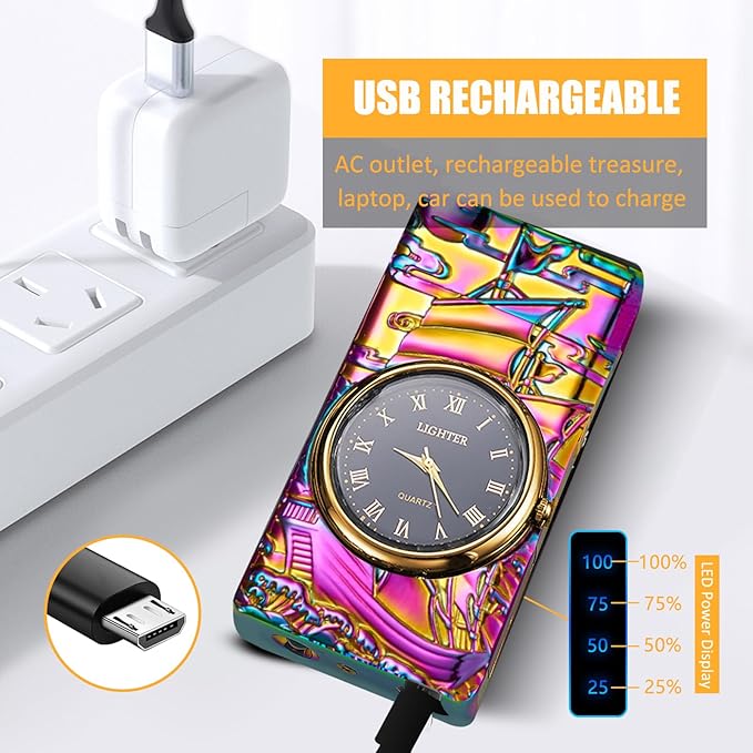 Cool Lighter with Clock Dial Electric Lighter with LED Power Display Plasma Lighter Windproof USB Rechargeable Lighter Gifts for Men Women (Sailboat-Magic)
