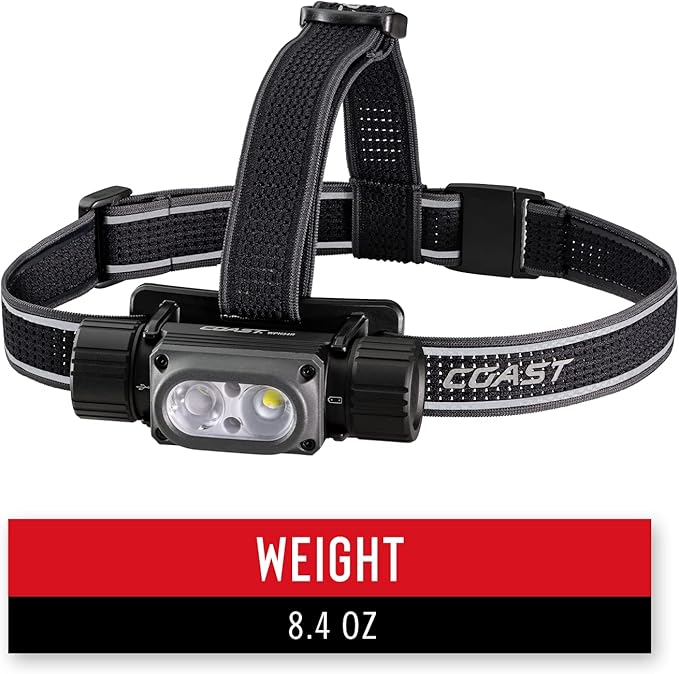 COAST WPH34R 2000 Lumen Waterproof Ultra Bright IP68 USB Rechargeable-Dual Power Headlamp, 6 Modes with Spot and Flood Beams, Black/Grey