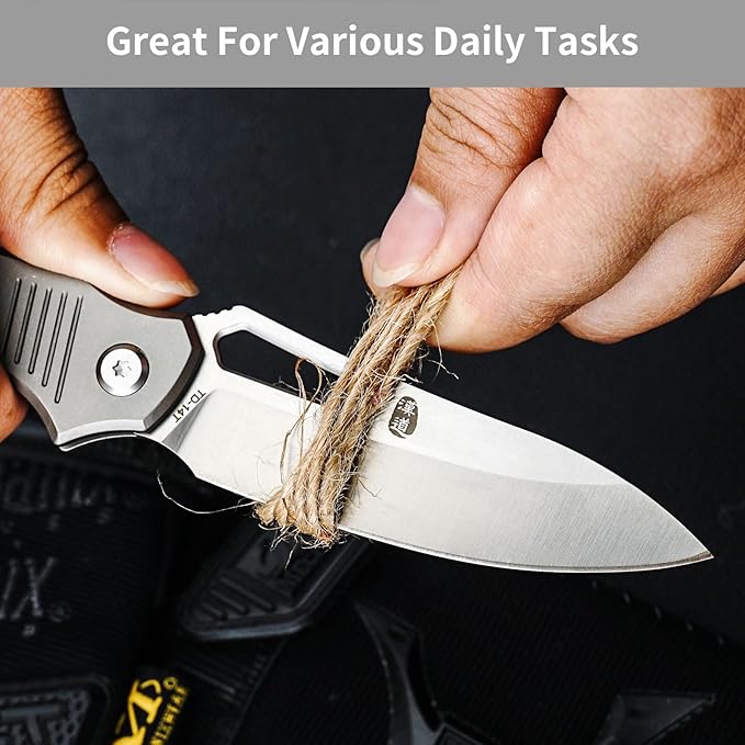 HX OUTDOORS Folding Pocket Knife, Premium D2 Steel Foldable EDC Camping Knife with Titanium Alloy Handle, Portable Clip EDC Tools for Camping Hiking Survival Outdoor, Men Women Gift