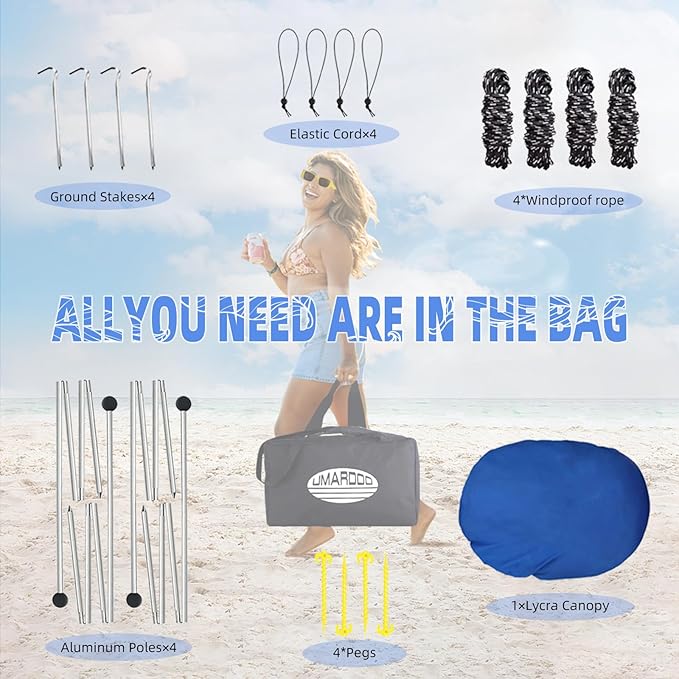 UMARDOO Family Beach Tent Canopy Sun Shade Portable 7×7FT, Large Wind Resistance Beach Sun Shelter Easy Setup with Packable Carry Bag for Outdoor Travel UPF 50+(Blue)