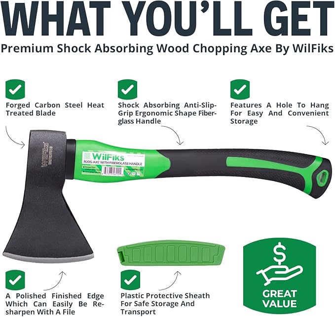 WilFiks Chopping Axe, 15” Camping Outdoor Hatchet for Wood Splitting and Kindling, Forged Carbon Steel Heat Treated Hand Maul Tool, Fiberglass Shock Reduction Handle with Anti-Slip Grip
