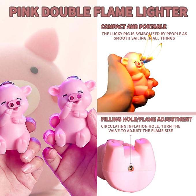 Cute Pink Piggy Shape Dual Soft Flame Butane Torch Lighters Refillable Animal Novelty Lighter for Gifts Fireplace Candle Camping BBQ (Without Gas) (16)