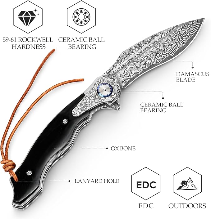 Knives Lepus-02B|Folding Knives & Pocket Knife for Men, Outdoor Flipper Knife,4.09" Damascus Steel,OX Bone Scale,Collections, Gift Box