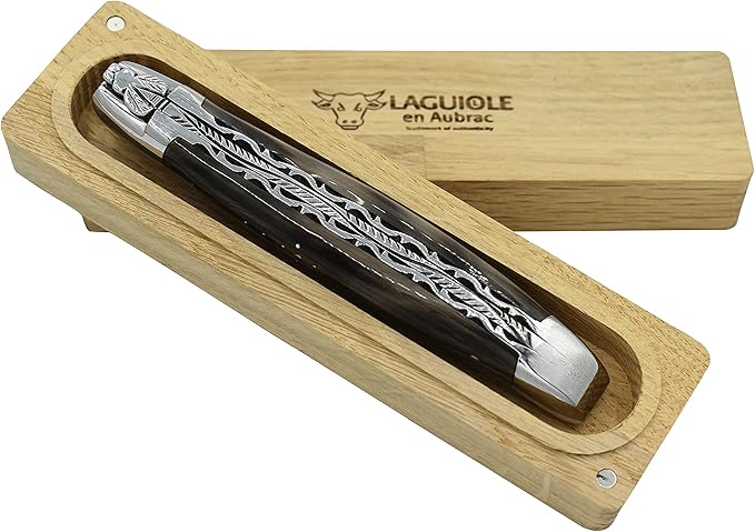 Laguiole en Aubrac Handcrafted Double Plated Folding Pocket Knife, 4.8-in (12cm), Solid Horn Handle, Damascus Blade, Stainless Steel Shiny Bolsters