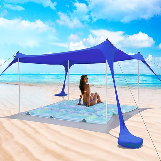 Beach Tent Pop Up Shade Canopy Sun Shelter UPF50+ with 4 Stability Poles/Carry Bag/Ground Pegs/Sand Shovel/Windproof Ropes Portable Outdoor Family Sunshade for Beach Camping (Navy Blue, 7×7FT)