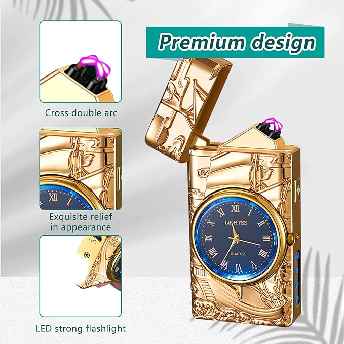 Electronic Lighter Electric lighters Rechargeable Flameless Windproof Plasma Lighter with Battery Indicator Cool lighters for Candle Candles, Fireworks, Camping, Hiking, Adventure(Gold)