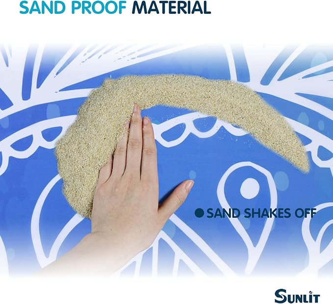 Sunlit 10'x9' Extra Large Boho Sand Proof Beach Blanket, Sand Proof Mat with Corner Pockets and Mesh Bag for Beach Party, Travel, Camping and Outdoor Music Festival, Blue and Pink Mandala
