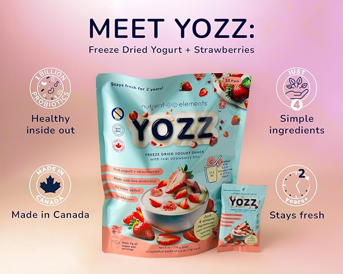 Yozz Freeze Dried Yogurt with Real Strawberry Bites - 10 Small Packs - Healthy Snacks with Probiotics, No Sugar Added For Adults, Babies, and Toddlers - Tastes Wow!