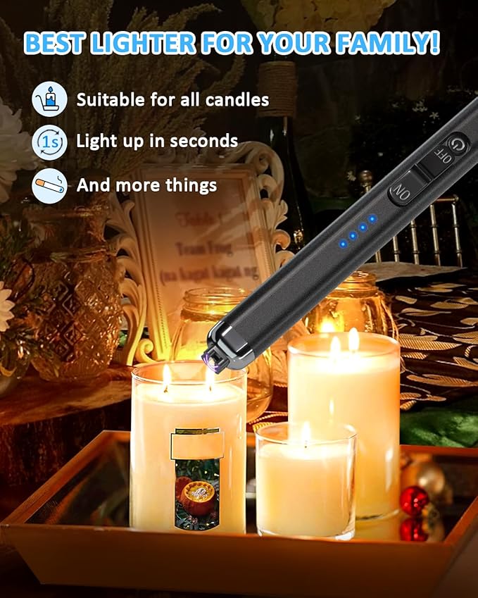 Electric Lighter Rechargeable Candle Lighter - Dual Arc Plasma Lighter Windproof & Flameless with LED Display USB-C for Candle Cooking Camping (Black)