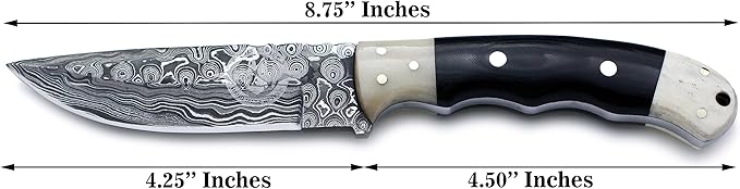 Handmade Damascus Steel Fixed Blade Bowie Knife for EDC,Hunting,Survival,Camping,Bushcraft,and Fishing with Drop Point Full Tang Bone Handle with Cowhide-Leather Sheath - WKD-783