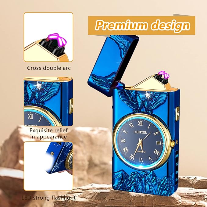 Plasma Dual Arc Lighter Electric Lighter Rechargeable Windproof Flameless Lighter,Luxury Metal Lighters with Flashlight(Blue)