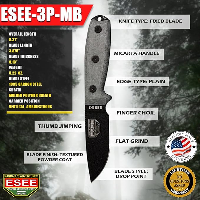ESEE Knives 3P-MB Fixed Blade Knife w/Molded Polymer Sheath & MOLLE Back (Modified Pommel/Black Blade/Black Sheath)