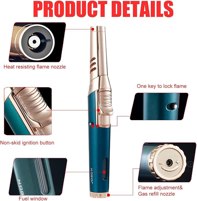 JOBON Torch Lighter, Adjustable Rotatable Lockable Jet Flame Refillable Long Pen Lighter with Gas Window for Candle Grill Baking Camping (Butane Not Included) (Dark Green)