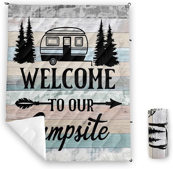 Axolotl Camping Camper Outdoor Blanket,Campsite Rv Camping Blanket,Rustic Farmhouse Vintage Wooden Lightweight Waterproof Puffy Travel Blanket,Forest Packable Outdoor Blanket for Traveling Picnic Park