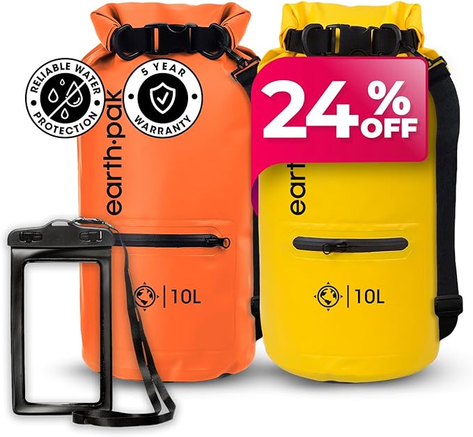 Earth Pak Waterproof Dry Bag with Zippered Pocket - Waterproof Dry Bag Backpack Keeps Gear Dry (10L Orange & 10L Yellow)
