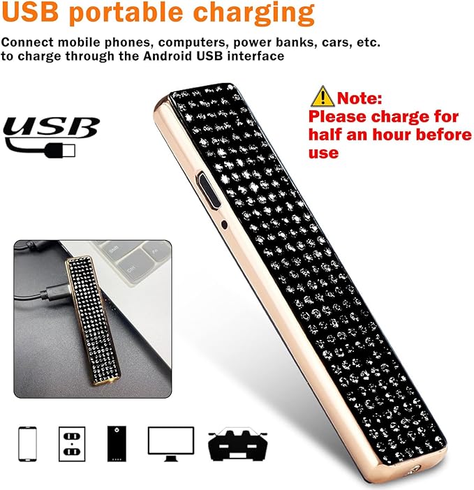 Rhinestone Lighter Electric Lighter Rechargeable Bling Glitter USB Lighter Flameless Girls Lighter for Women (Black)
