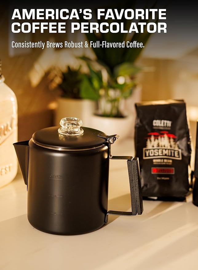 COLETTI Black Bozeman Percolator Coffee Pot — Camping Coffee Pot, Coffee Percolator – America’s Sleekest Percolator – Pure Stainless Steel, NO Aluminum or Plastic (6 Cup)