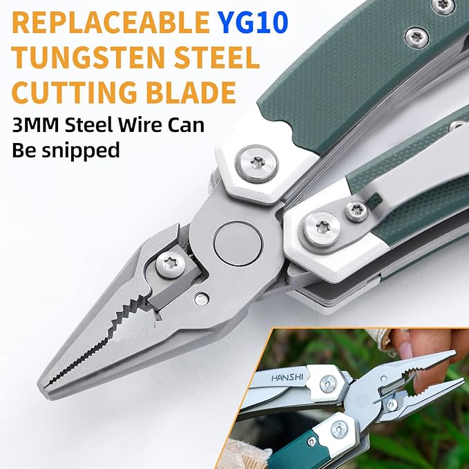 G10 Handle Multitool Pliers with YG10 Tungsten Steel Replaceable Wire Cutters 12 in 1 Multi Tool Pocket Knife with Safety Lock,Saw,Bottel Opener for Camping,Survival with Nylon Sheath (green)