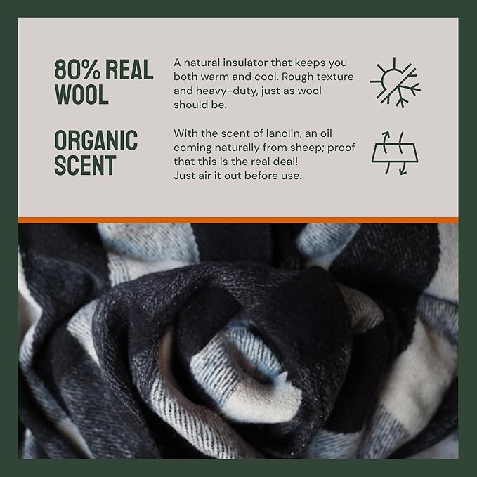 Woolly Mammoth Merino Wool Blanket- 66" x 90" 4 lbs Thick, Outdoor/Indoor Throw for Campfire, Picnic, Beach, Van Life, Home, Army- Farmhouse Collection Heavy Duty Insulating Sleep Plaid, Black/Cream