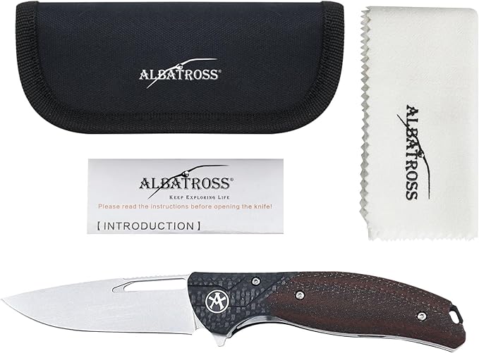 ALBATROSS Pocket Folding Knife, 3.5" D2 Steel Blade, 4" Carbon Fiber splicing Micarta Handle, Liner Lock, FK053