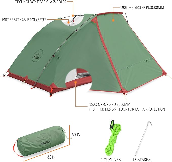 KAZOO 2/4 Person Camping Tent Outdoor Waterproof Family Large Tents 2/4 People Easy Setup Tent with Porch Double Layer