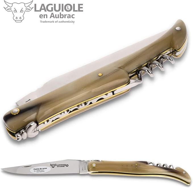 Laguiole en Aubrac Handmade Knife 12 cm Corkscrew L0612PCLF, Full Horn tip Handle, Blade Stainless Steel Shiny