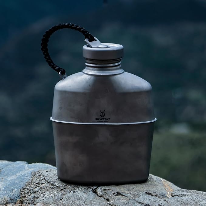 Camping Canteen Titanium Military Canteen Mess Kit Ultralight Camping Mug with Carry Pouch & Cup Foldable Handle -Bottle 1000ml, Cup 600ml