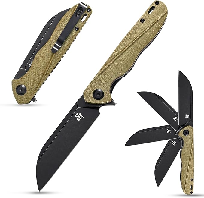 Sitivien ST103 Folding Knife, D2 Steel Blade,Micarta Handle EDC Tool Knife for Outdoor, Camping, Hunting, Survival(Green)
