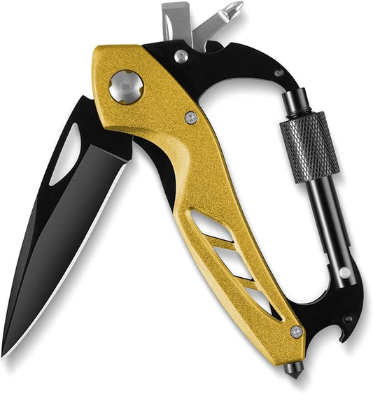 Multitool Carabiner with Pocket Knife, EDC Carabiners Keychain with Bottle Opener, Window Breaker Folding Knives and Screwdriver, Survival Gear for Outdoor Camping Hiking for Men