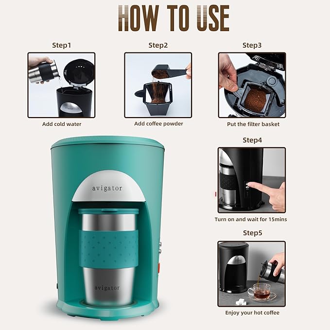 Portable Coffee Maker for Travel Camping Car, Ground Coffee Machine Single Serve with 10 oz Travel Mug for Traveling, RV, Office, Home and Dorm, 12V, Green