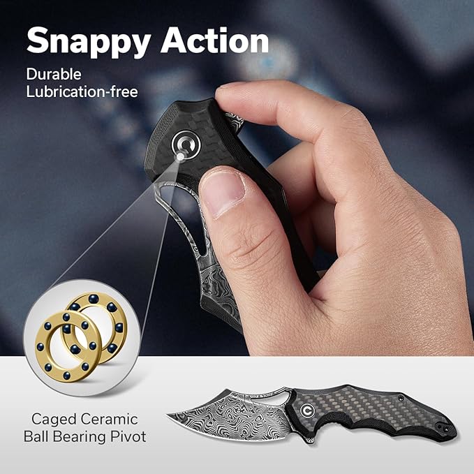 CIVIVI Chiro Pocket Knife for EDC, Folding Knife with Flipper 3.1" Damascus Blade Carbon Fiber Overlay On Black G10 Handle, Utility Knife for Men Women C23046-DS1