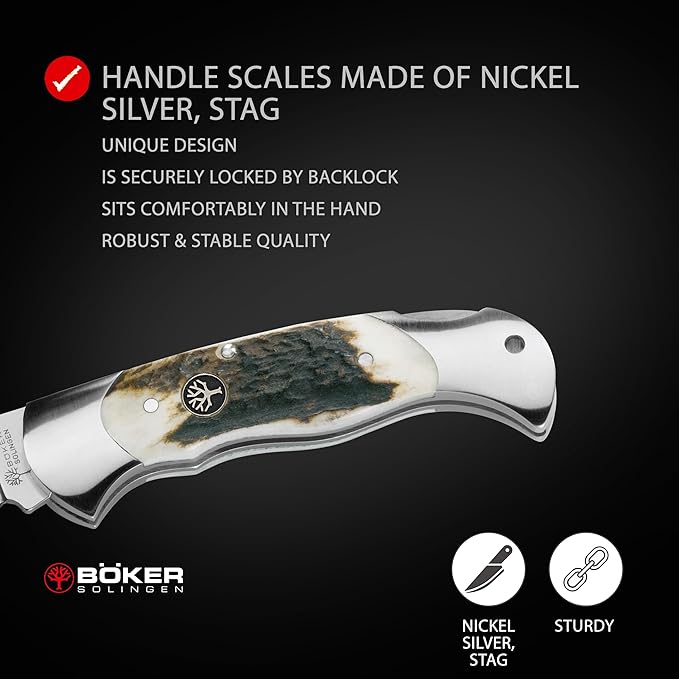 Boker 112004ST Stag Lock Blade Hunter Pocket Knife with 7-1/4 in. Straight Edge Blade