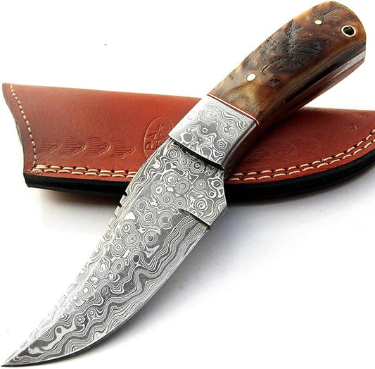 Custom Handmade Hunting Knife Bowie Knife Damascus Steel Survival Knife EDC 9'' Overall Ram Horn with Sheath 9396