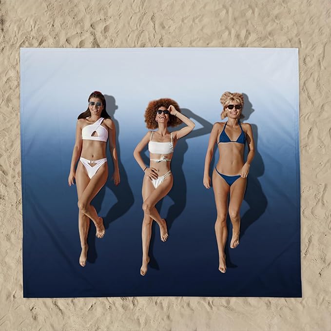 Waterproof Sandproof Beach Blanket, Blue-White Gradient Beach Mat Oversized for 2-4 Person, Compact Sand Free Quick Dry Polyester Outdoor Picnic Blanket for Travel, Camping, Hiking