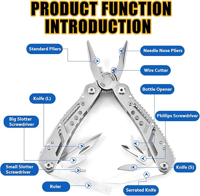 Multitool with Stainless Steel Pliers - Mini Folding Tool for Outdoor Camping, Survival, Portable and Multi-Purpose Use, Vehicle-Mounted Emergency Equipment with Wrench - Silver