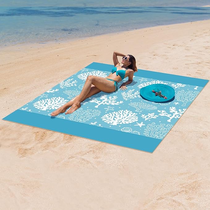 Beach Blanket Sandproof Extra Large Beach Mat Adults Waterproof Quick Drying Sand Free Mat Made by Premium Polyester with 4 Stakes & 4 Corner Pockets for Outdoor Travel Camping Hiking