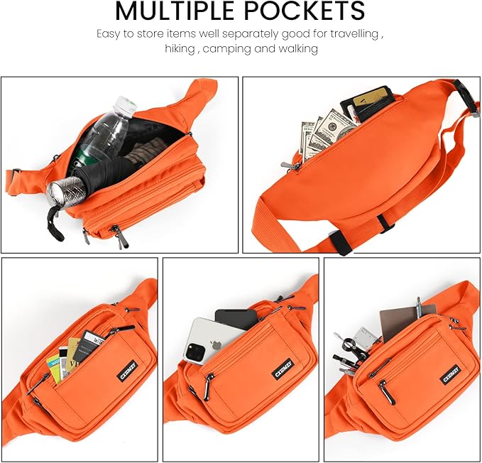CXWMZY Fanny Packs For Women & Men Waist Pack Hip Bum Bag with Multi-Pockets Large Capacity Waterproof Casual Bum Bag for Disney Traveling Casual Cycling Running Hiking (Orange)