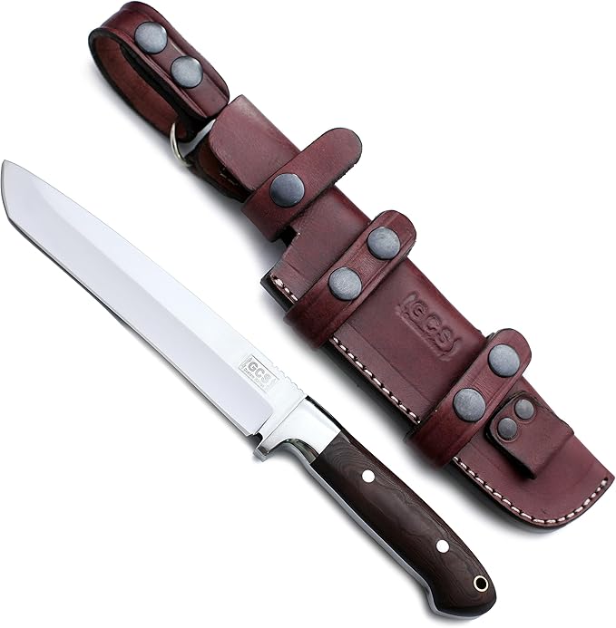 GCS Handmade Outdoor Tanto Knife with Black G10 Handle D2 Tool Steel - Extra Sharp Survival Tactical Hunting Fixed Blade Knife Cow Hide Sheath GCS215