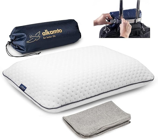 Travel & Camping Comfortable Memory Foam Pillow with Extra Cotton Cover – Easy to Carry Portable Bag (White)