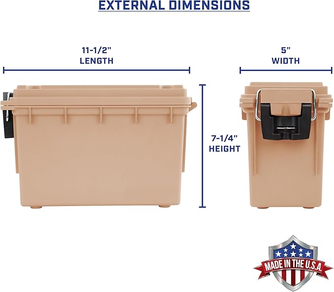 Sheffield 12627 Ammo Storage Box, Stackable .30 Cal Field Boxes, Water and Dust Resistant, Lockable Storage Box with Handle, Secures Hunting Gear, Supplies, and Bullets, Made in USA, Tan, 1-Pack
