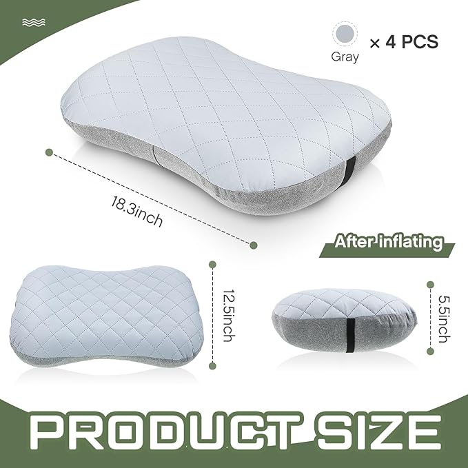 Soaoo 4 Pcs Camping Pillow with Removable Cover Inflatable Pillow Lightweight Backpacking Pillow Neck Lumbar Support Pillow Blow up Pillow with Storage Bags for Air Travel Sleeping Seat Hiking(Gray)