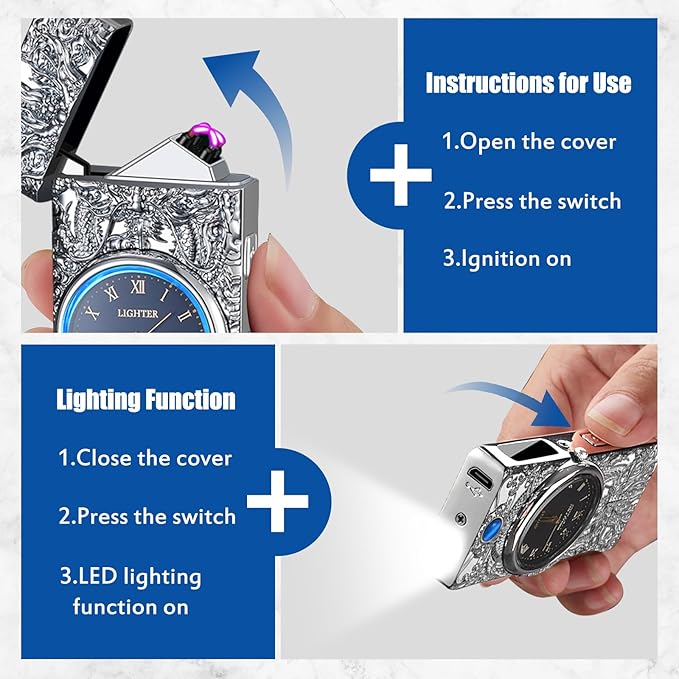 Cool Lighter with Clock Dial Electric Lighter with LED Power Display Plasma Lighter Windproof USB Rechargeable Lighter Gifts for Men Women(SilverDragon)