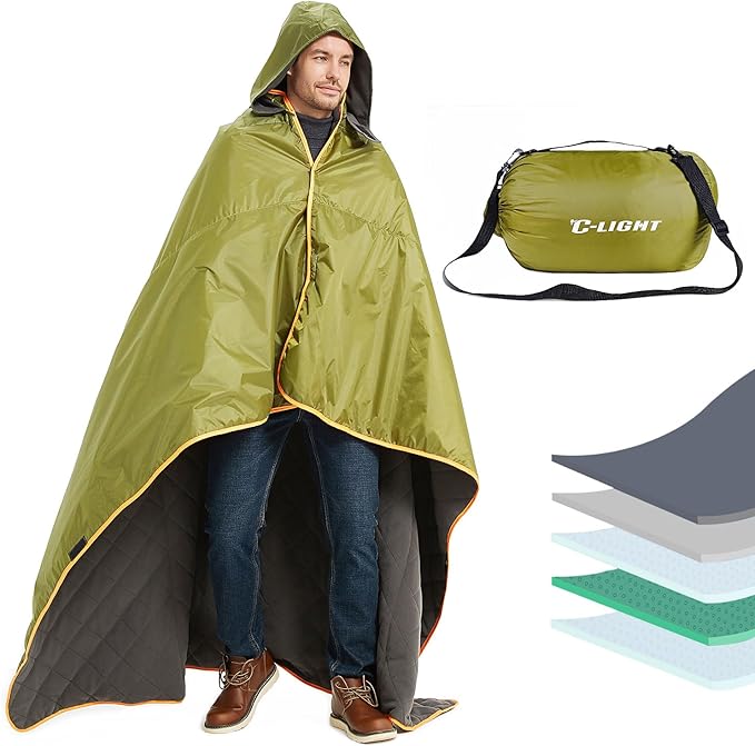 C-LIGHT Oversized Extreme Weather Stadium Blanket 81''*67'' - Wearable Hoodie - Waterproof Windproof with Multiple Layers - Perfect for Sports Events, Picnic, Camping, Beach