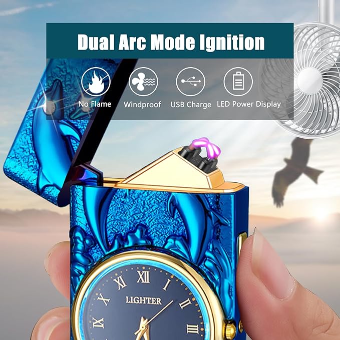 Electric Candle Lighter USB Rechargeable Lighter Plasma Arc Lighter Unique Cool Electronic Lighter with Clock Dial for Outdoor Grill, BBQ, Cooking (Blue Dolphin)