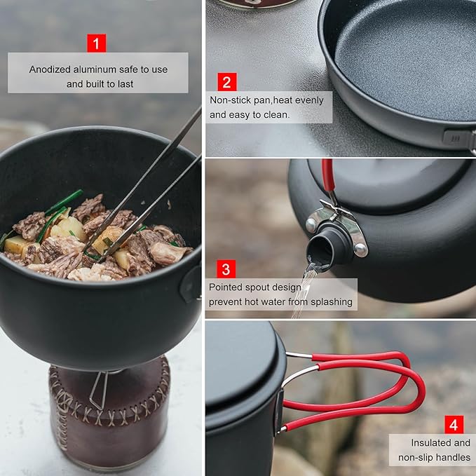Alocs Camping Cookware Set,Durable Aluminum Camping Cooking Set, Compact Camping Pots and Pans Set with Kettle, Non-Stick Camping Pan Camping Essentials for Outdoor Cooking, Hiking, and Picnics.