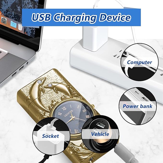 Electric Lighters Rechargeable USB Windproof Flameless Plasma Arc lighters with Clock dial Luxury Vintage Fancy Cool lighters for Candle Gift for Man (Gold)