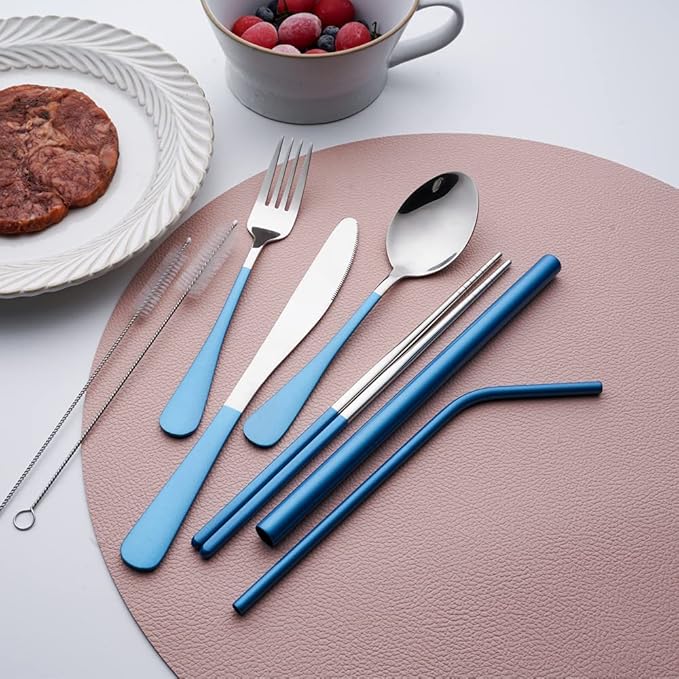 Travel Utensils with Case,Reusable Travel Cutlery Set with Case Stainless Steel Flatware Set for Camping 8pcs Including Dinner Knife Fork Spoon Chopsticks Boba Straw (Shining Blue)