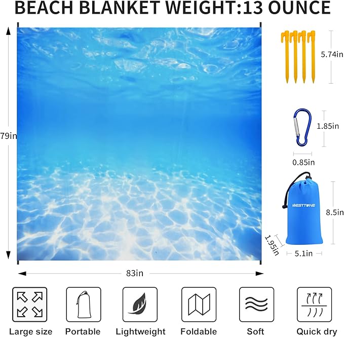 Beach Blanket 79" X 83" for 1-4 Adults,Large Beach Blanket Waterproof Sandproof,Waterproof Quick Drying Outdoor Picnic Mat,Beach Mat for Travel,Camping,Hiking